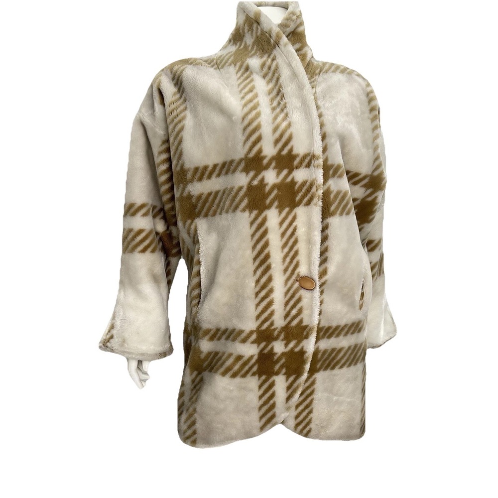 Vintage Donnybrook Faux Fur Cocoon Coat‎ Plaid Beige White Loud Luxury Chic L